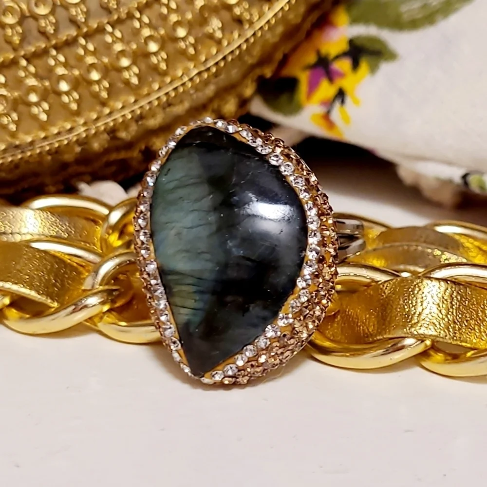Natural Labradorite & Pave set Hematite Large Silver Ring